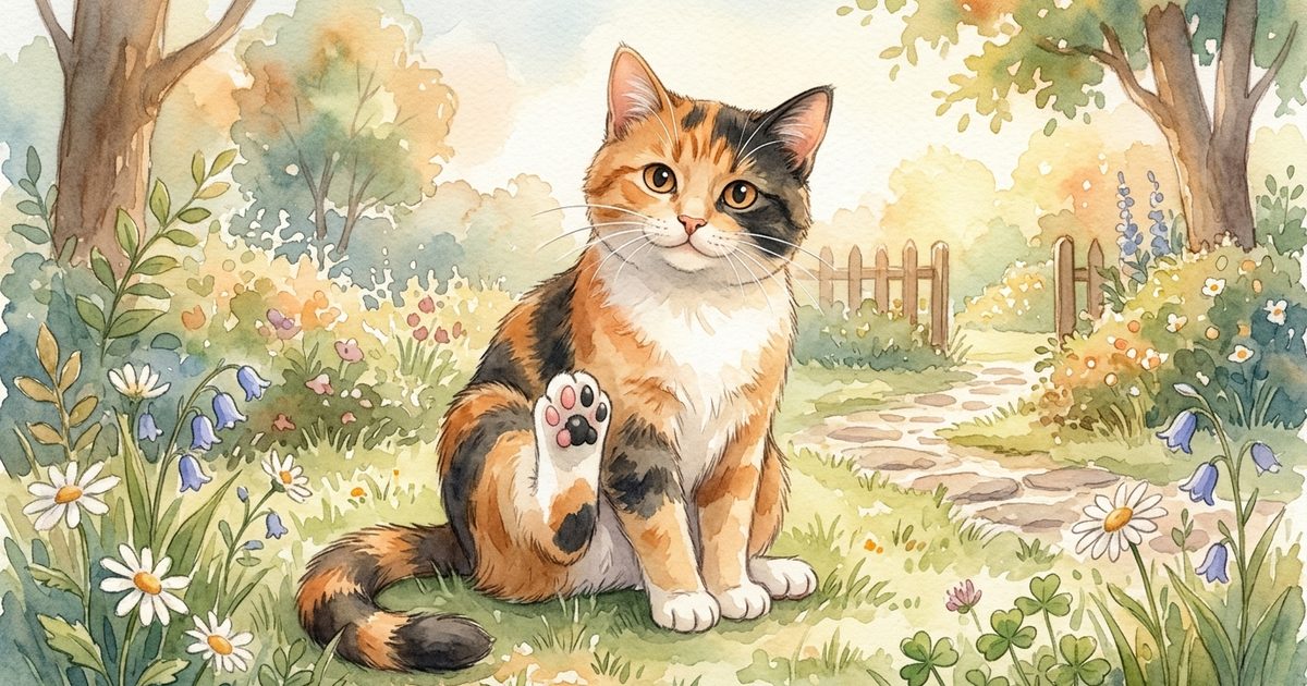 Soft watercolor illustration of a calico cat's outstretched front paw, toe beans painted in a lively mix of pink and dark charcoal, the multi-colored coat patches echoed in the pad colors, warm storybook palette