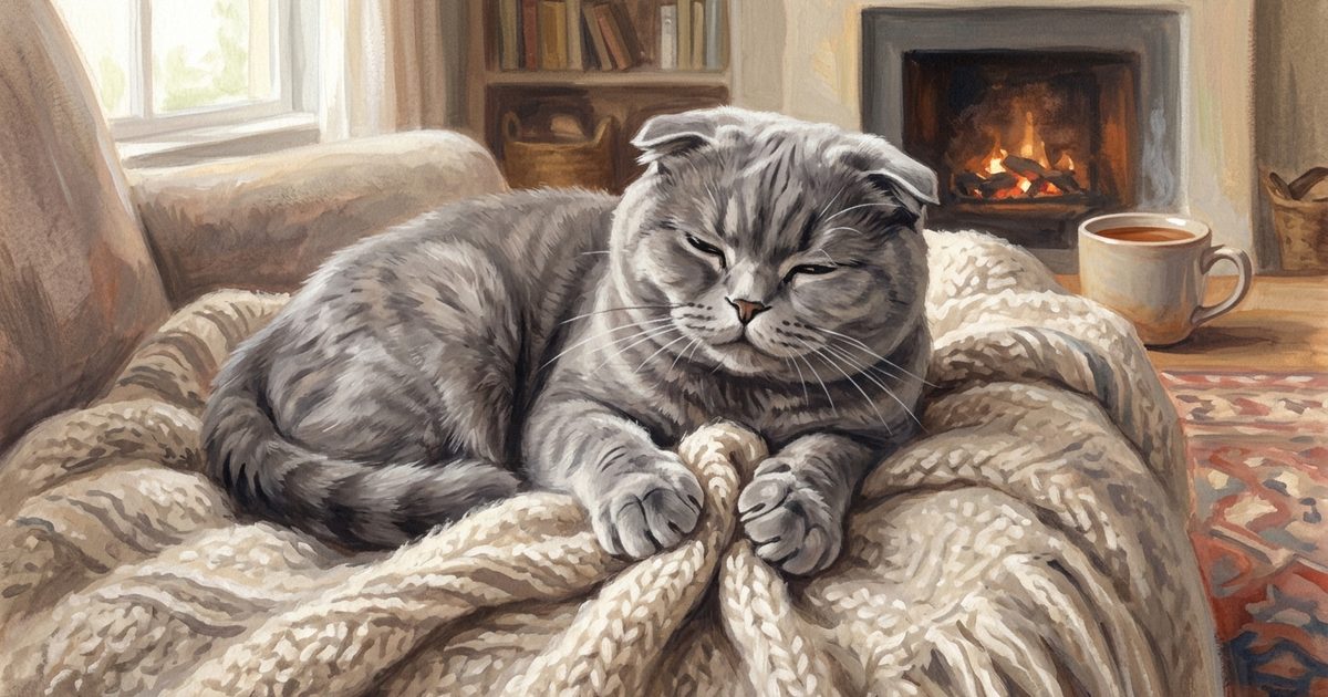 Cozy gouache painting of a Scottish Fold cat kneading a soft cream blanket with both front paws in a content making-biscuits motion, warm painterly afternoon light