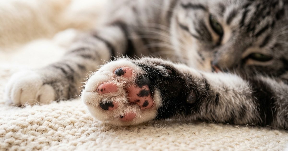Macro close-up of a gray tabby cat's outstretched front paw showing pink and black toe beans with soft tufts of fur between the pads, warm intimate detail