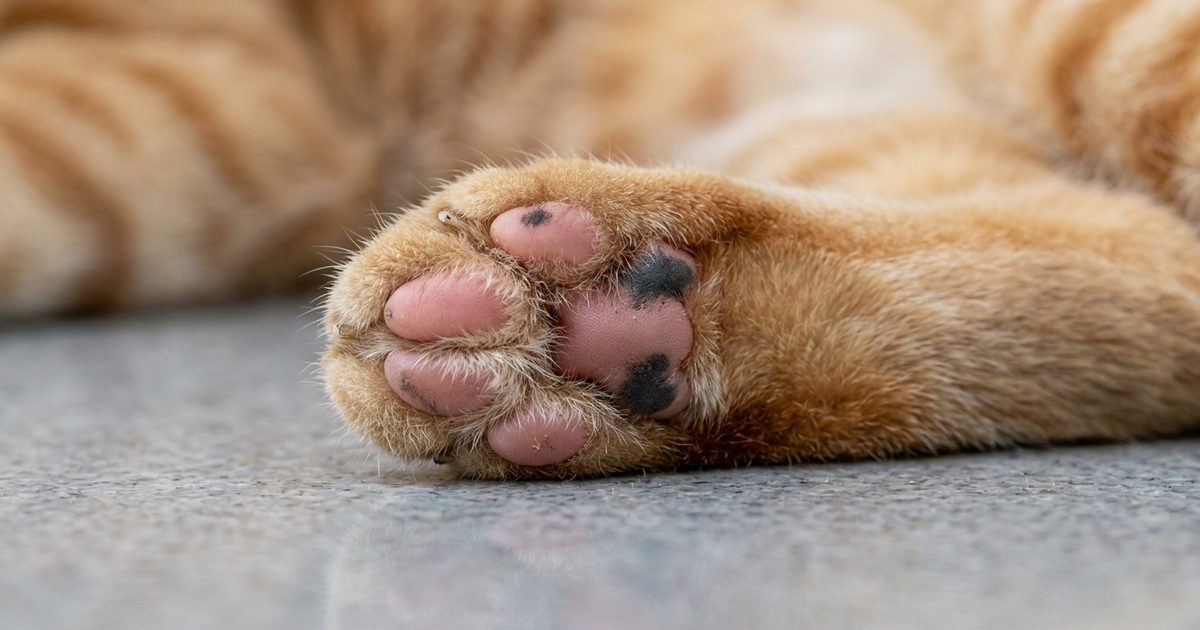 Macro close-up of a ginger tabby cat's toe beans resting on a surface, showing the small digital pads up close