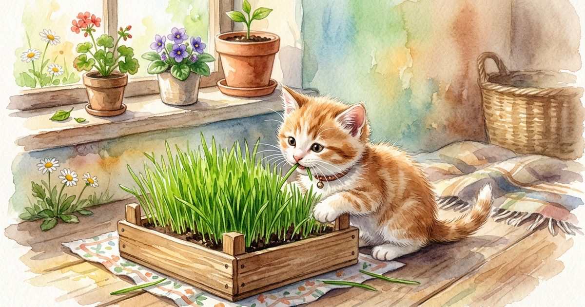 A small fluffy kitten nibbling a tray of fresh bright green wheatgrass, tender playful scene, warm hand-painted watercolor children's-storybook quality with gentle springlike mood