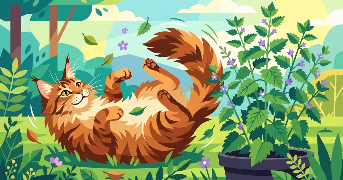 A large Maine Coon cat with long fluffy fur, tufted ears and paws, brown tabby coloring, rolling playfully beside a leafy catnip plant, cheerful editorial flat vector shapes
