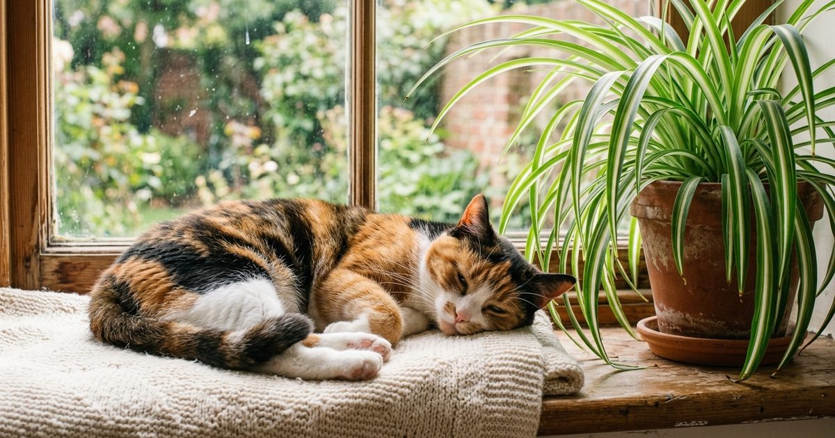 A calico cat with distinct patches of orange, black, and white fur resting peacefully beside a lush spider plant with arching striped leaves on a bright warm windowsill