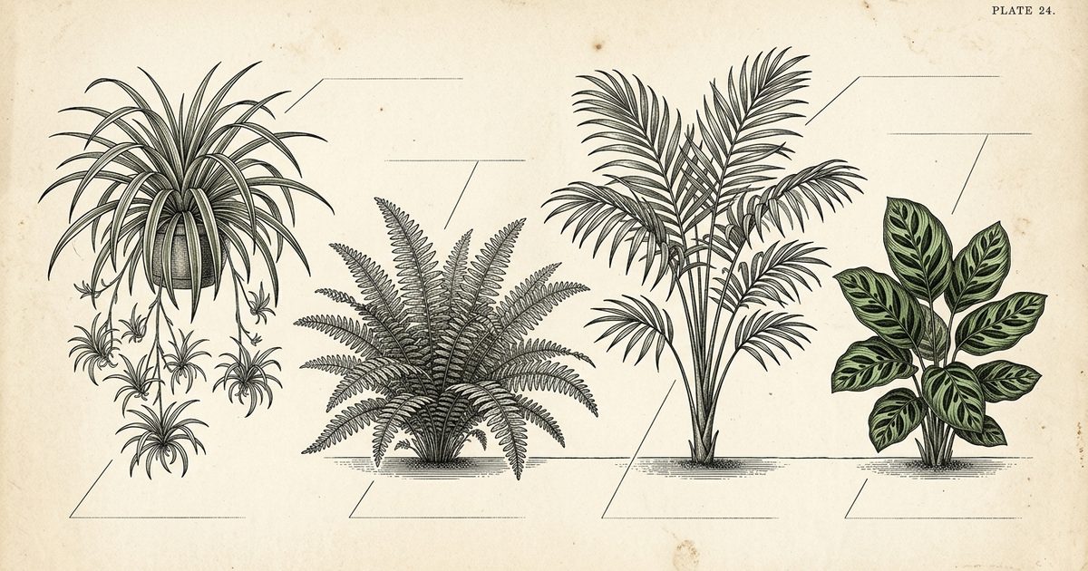 A scientifically arranged vintage encyclopedia botanical plate engraving of cat-safe houseplants including a spider plant, a Boston fern, a parlour palm, and a calathea, each specimen labeled with delicate engraved callout lines, antique natural-history style