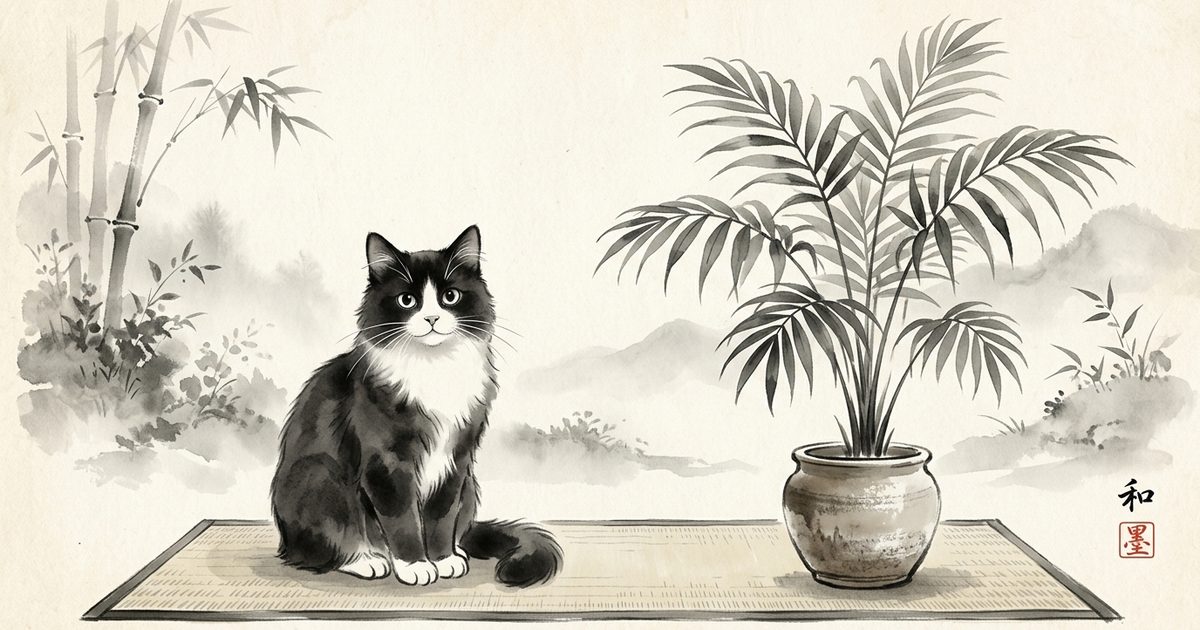 A tuxedo cat with a black coat and white chest and paws sitting calmly beside a safe parlour palm, serene balanced composition rendered in delicate Japanese sumi-e ink wash kawaii style