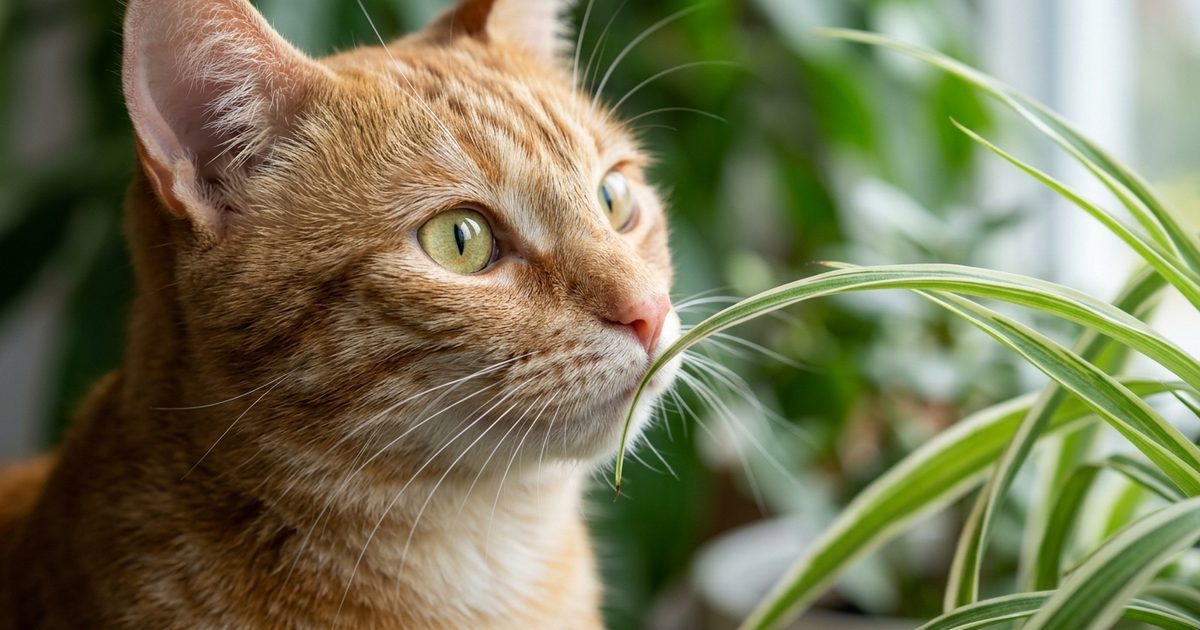 A ginger orange tabby cat with mackerel stripes and cream belly, nose and whiskers approaching a spider plant leaflet, alert curious expression, shallow depth of field