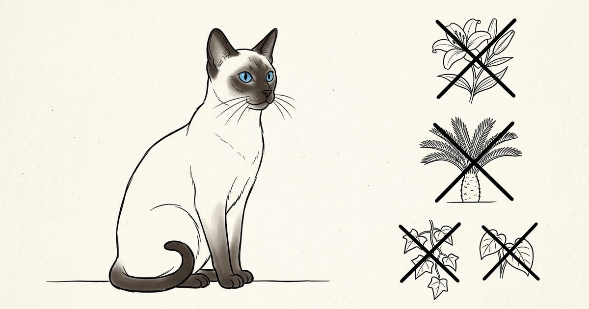 A Siamese cat with cream fur and dark seal-brown points sitting beside crossed-out outline icons of a lily and a sago palm, minimalist ink line-art warning diagram with clean sparse strokes