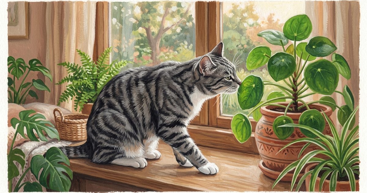 A gray tabby cat with dark charcoal stripes and white paws leaning forward to sniff a broad green houseplant leaf with a curious relaxed posture, warm domestic interior, cozy gouache warmth