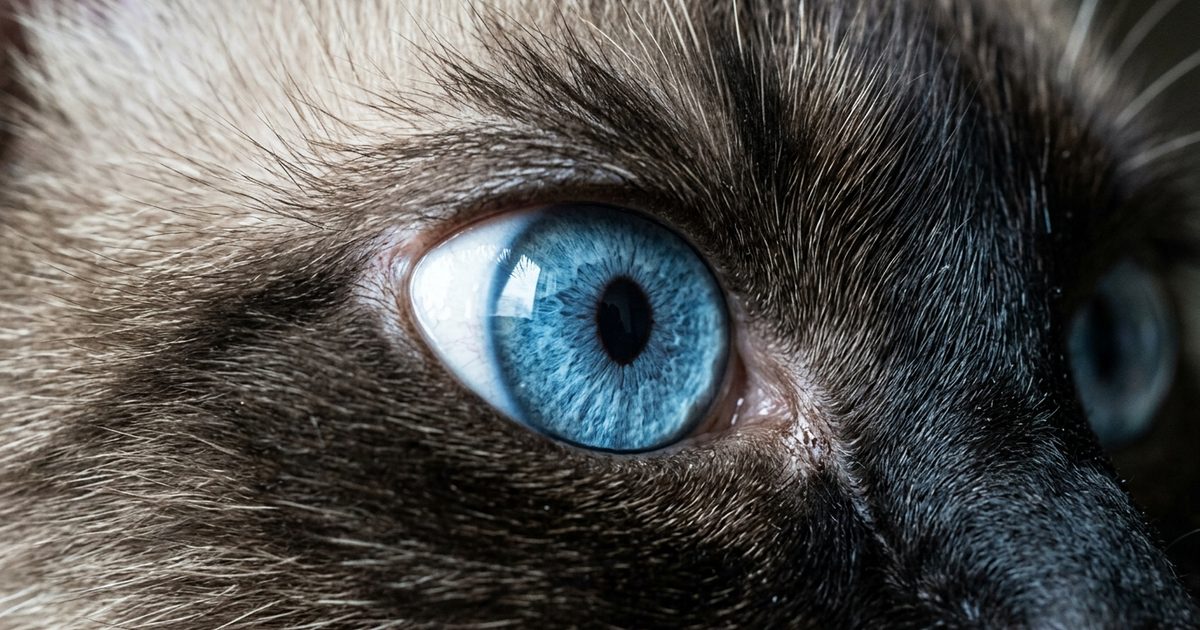 Close-up anatomical diagram of a cat eye showing the globe rotated outward with a half-moon of white sclera visible at the lateral corner and the third eyelid protruding across the inner corner, labeled educational veterinary illustration