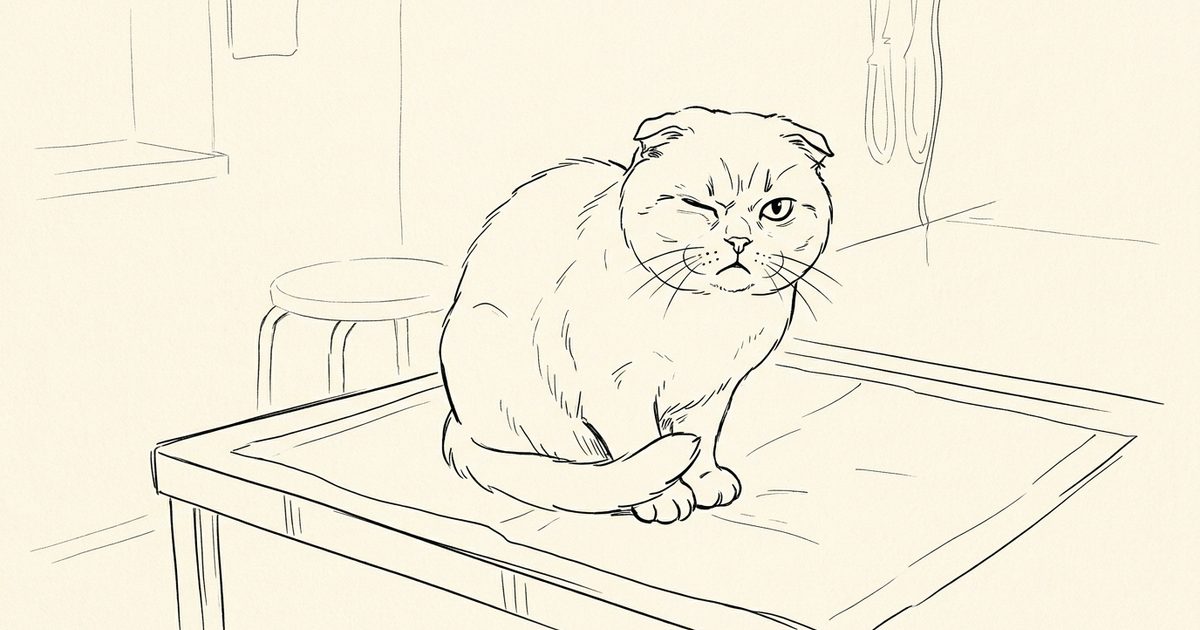 Ink line-art sketch of a Scottish Fold cat with distinctive folded-forward ears and a round gray face, minimalist line drawing squinting one eye with a slightly distressed expression, sparse composition suggesting a veterinary-anxiety moment, clean black lines on cream paper