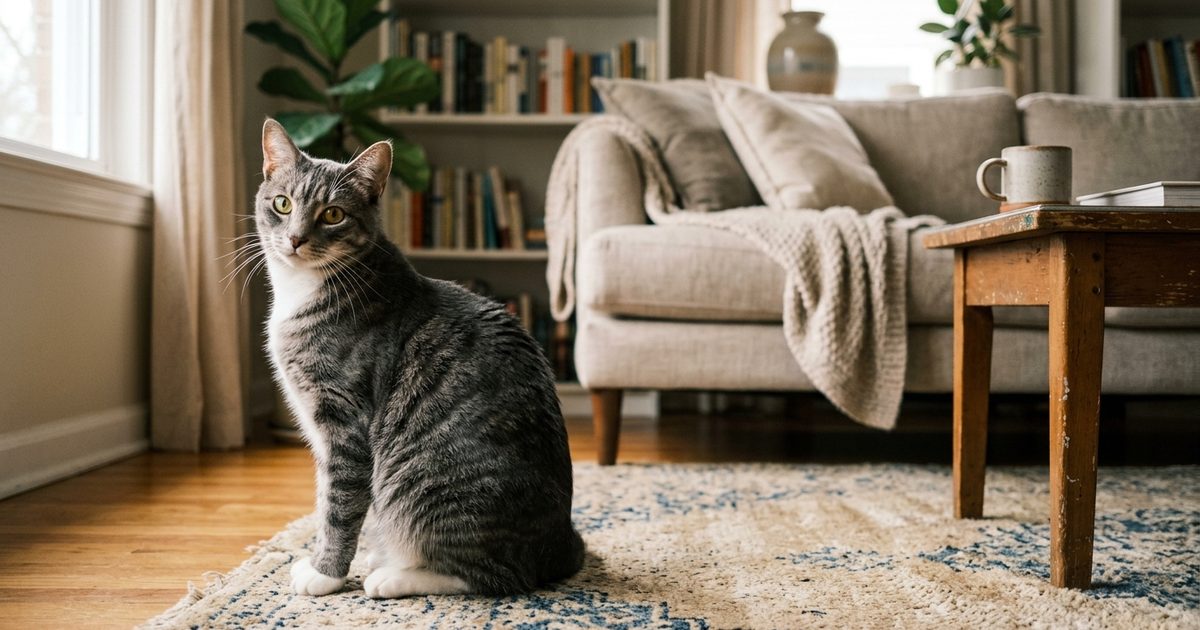 A gray tabby cat with dark charcoal stripes on a silver-gray coat and white paws, head turned away but one eye rotated sharply toward the viewer, alert and watchful in a calm domestic living room