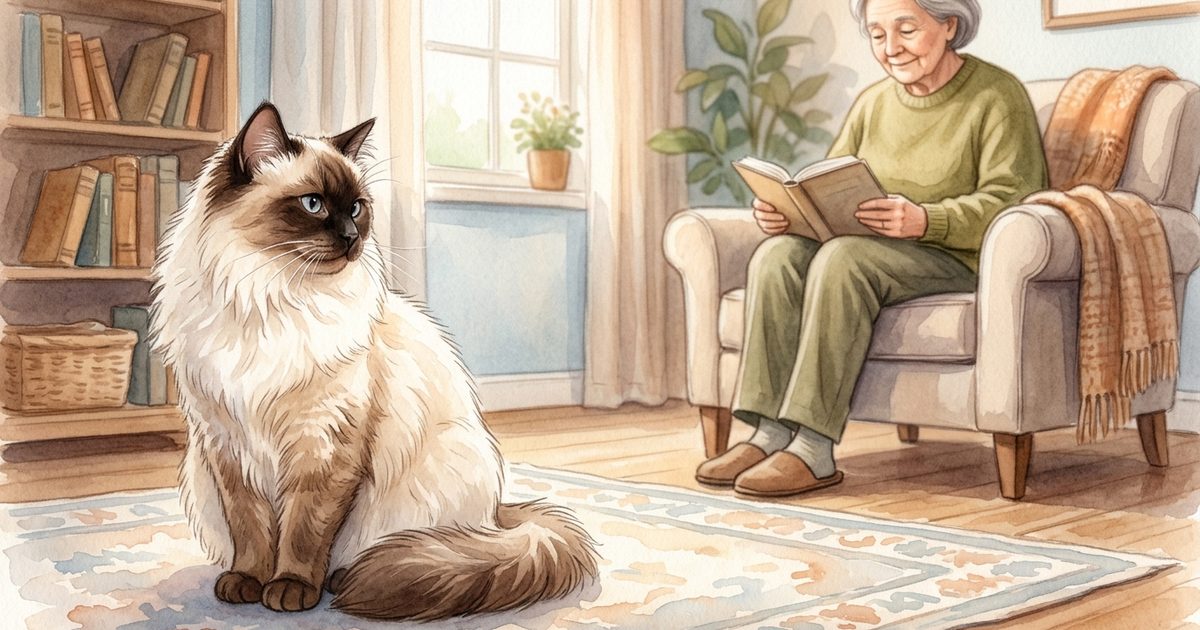 A soft watercolor children's storybook scene of a Ragdoll cat with long silky cream fur and a dark brown colorpoint face looking sideways with a softened, relaxing eye while a person sits quietly at a respectful distance in the background, gentle warm hand-painted tones