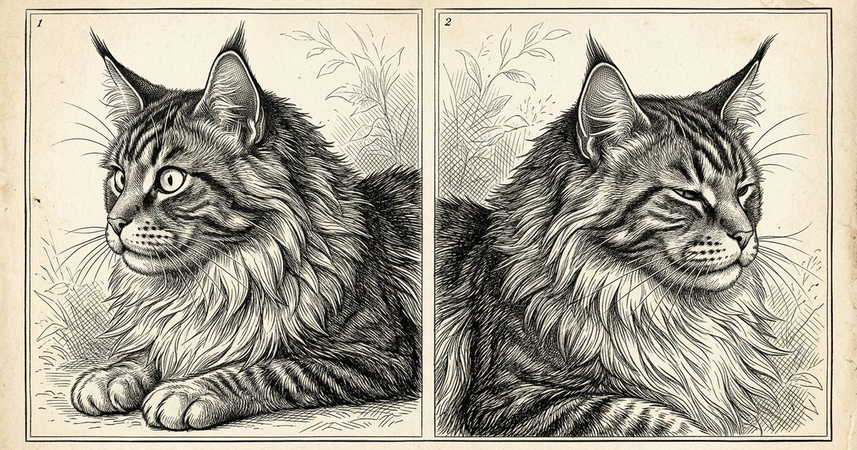 Vintage encyclopedia botanical-plate engraving of a large Maine Coon cat with long fluffy fur and tufted ears in two side-by-side annotated panels — left tense side-eye with rotated gaze and visible sclera, right relaxed half-closed slow blink, fine crosshatched science-authoritative field-guide linework