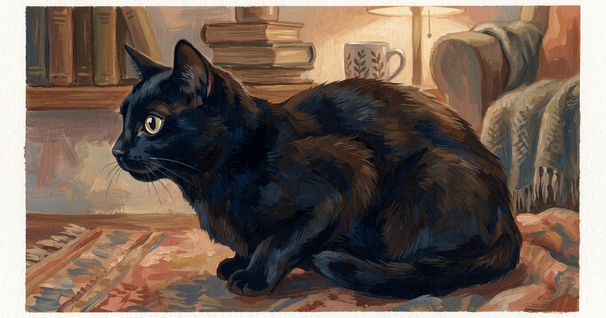A solid black cat in profile showing one large golden-green eye rotated far to the side with a prominent half-moon of white sclera visible, body held low and stiff, conveying mild stress and overstimulation in a warm painterly gouache style