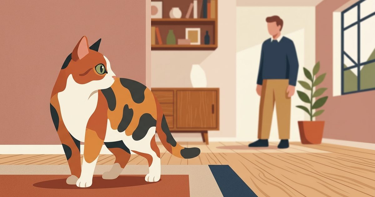 Flat modern vector illustration of a calico cat with distinct patches of orange, black, and white fur, body half-turned with one eye fixed on a person nearby, posture slightly braced, anxious watchfulness, muted warm editorial tones