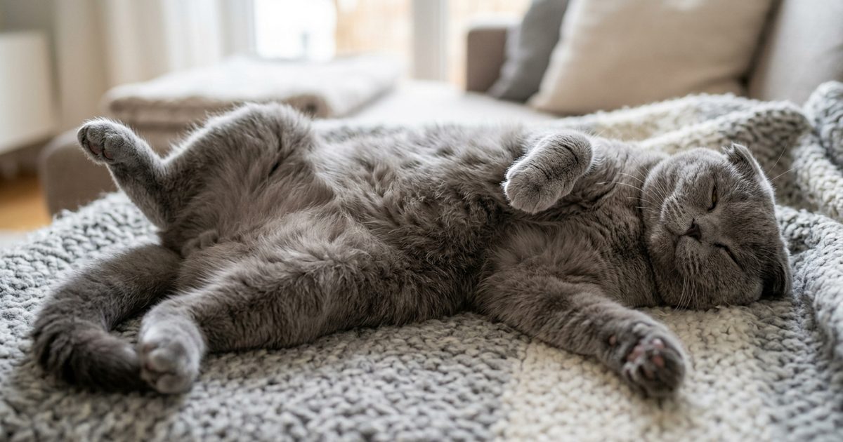 A gray Scottish Fold cat sprawled belly-up on a soft surface with its underside exposed and all four paws relaxed and limp, fully at ease