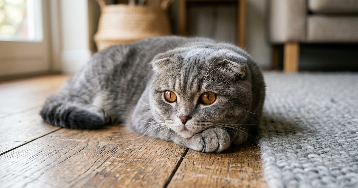 A gray Scottish Fold cat lying with its chin resting on its front paws and eyes half-open in light alert sleep, ears forward and attentive