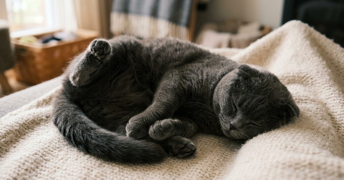 A gray Scottish Fold cat in a deep-sleep contortionist twist with its body folded at an improbable angle and every limb totally limp