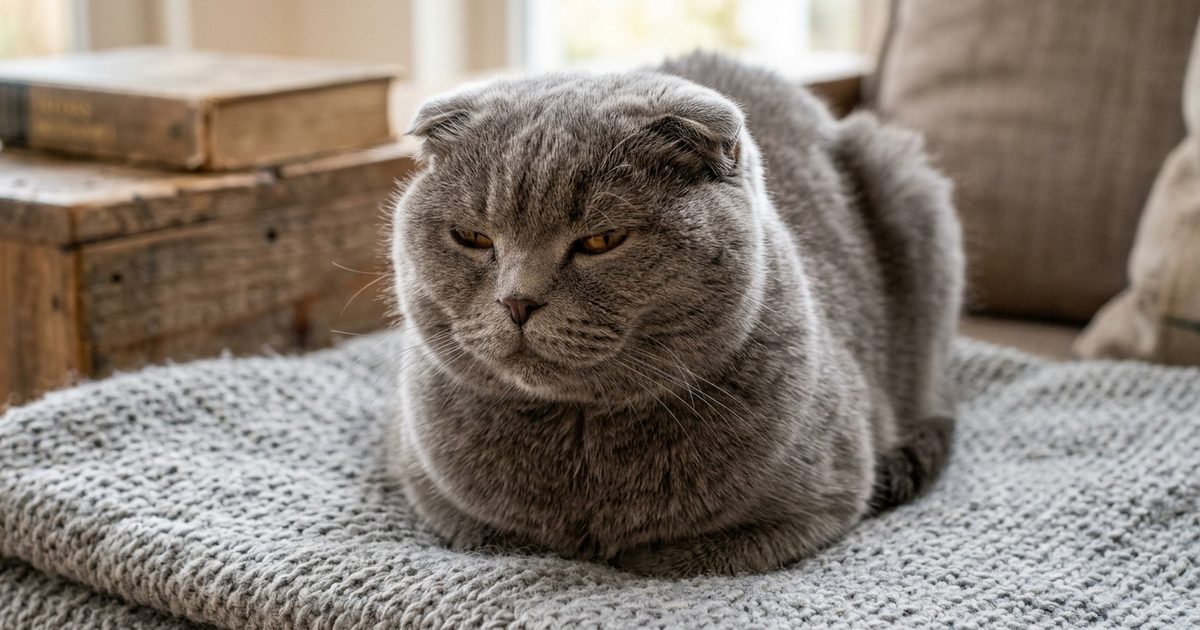A gray Scottish Fold cat in a perfect upright loaf with paws tucked under its body and eyes half-closed, round face with distinctive folded ears