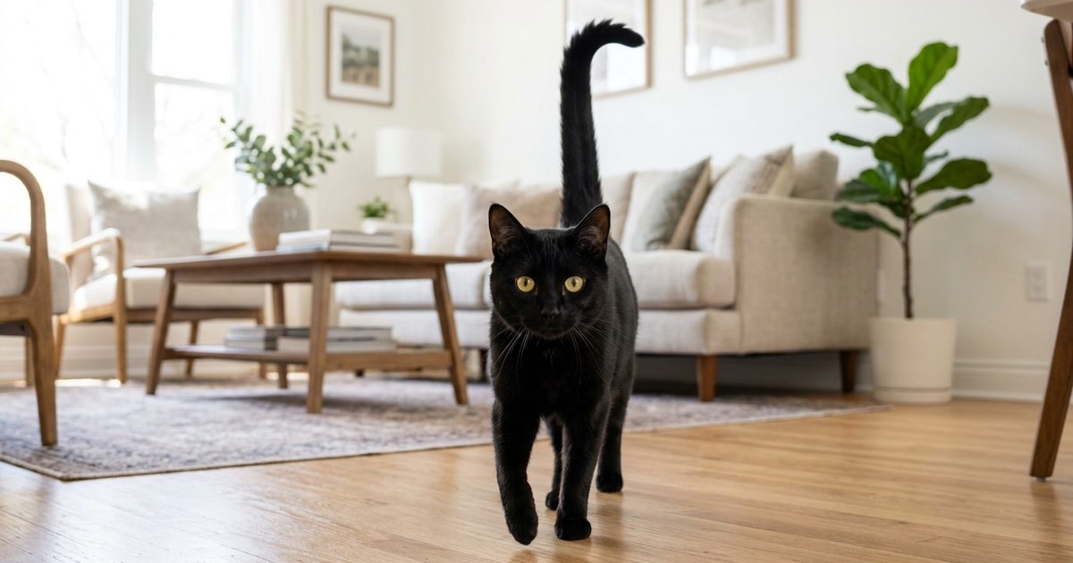A solid black cat with golden-green eyes walking confidently toward the viewer, tail held upright with a curved tip, friendly alert expression