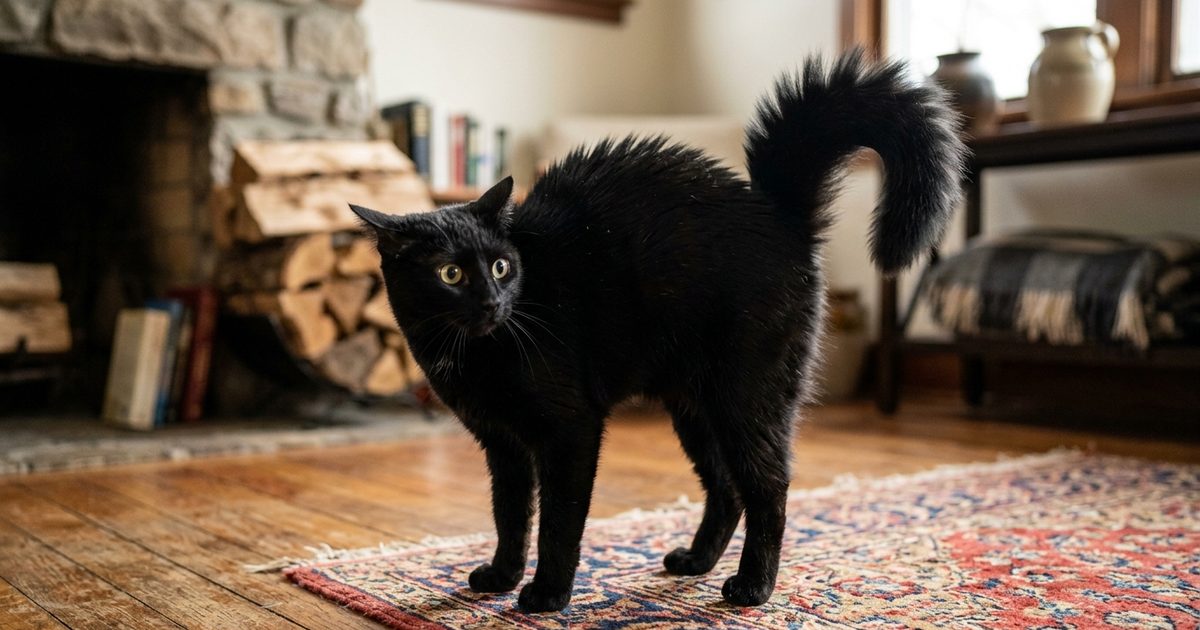 A solid black cat with a dramatically puffed bottlebrush tail, arched back, wide eyes, startled defensive posture