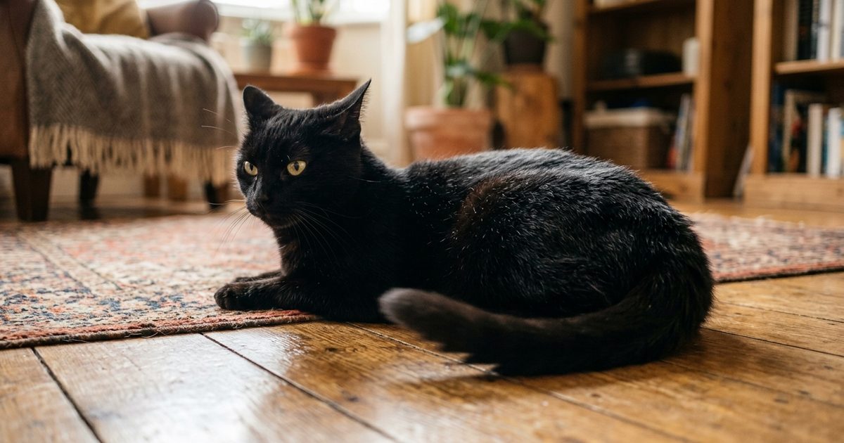 A solid black cat lying down, tail swishing side to side across the floor in mid-motion, focused slightly-annoyed expression