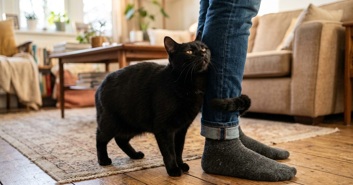 A solid black cat wrapping its tail affectionately around its owner's ankle, relaxed content expression