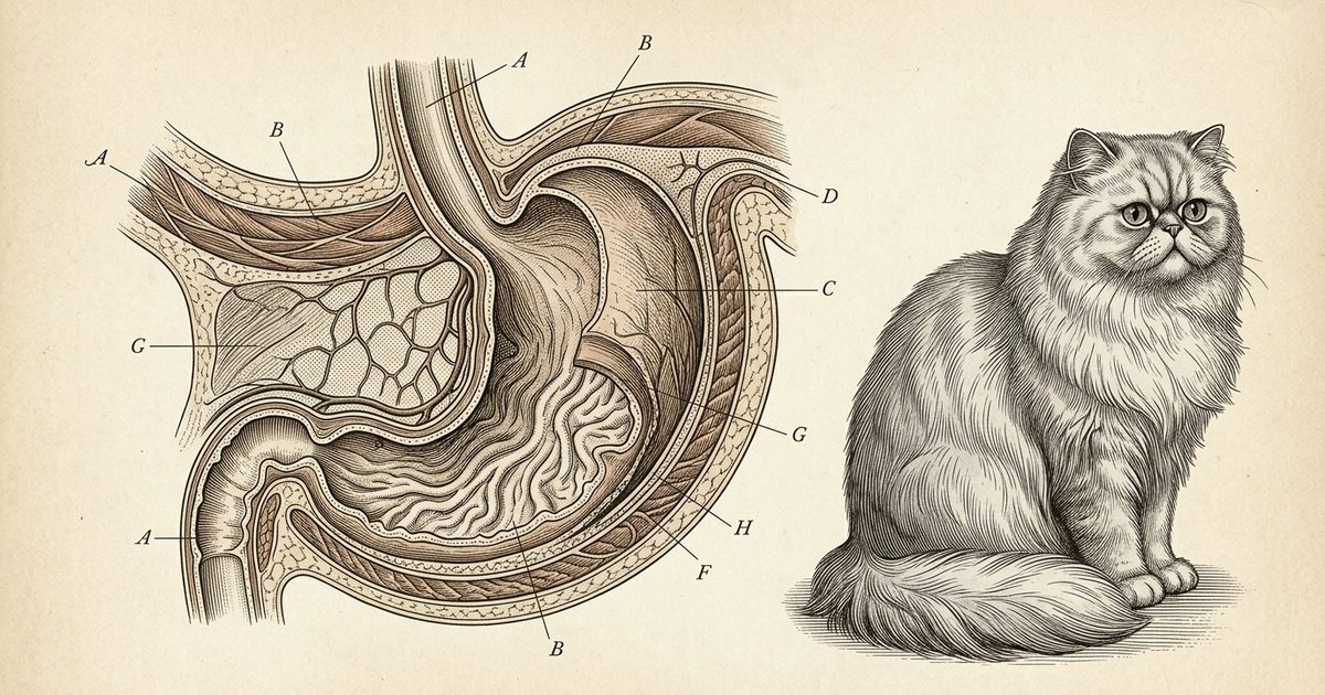 A vintage scientific engraving of a cat's digestive anatomy beside a Persian cat reference figure