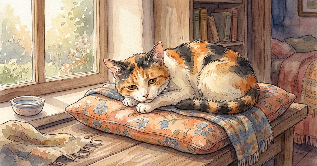A calico cat looking tired over several days of illness, soft emotional watercolor