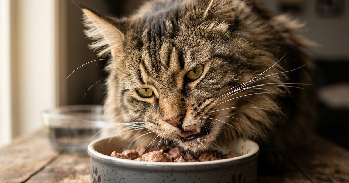 A large Maine Coon cat eating quickly from a bowl, close focused determined expression
