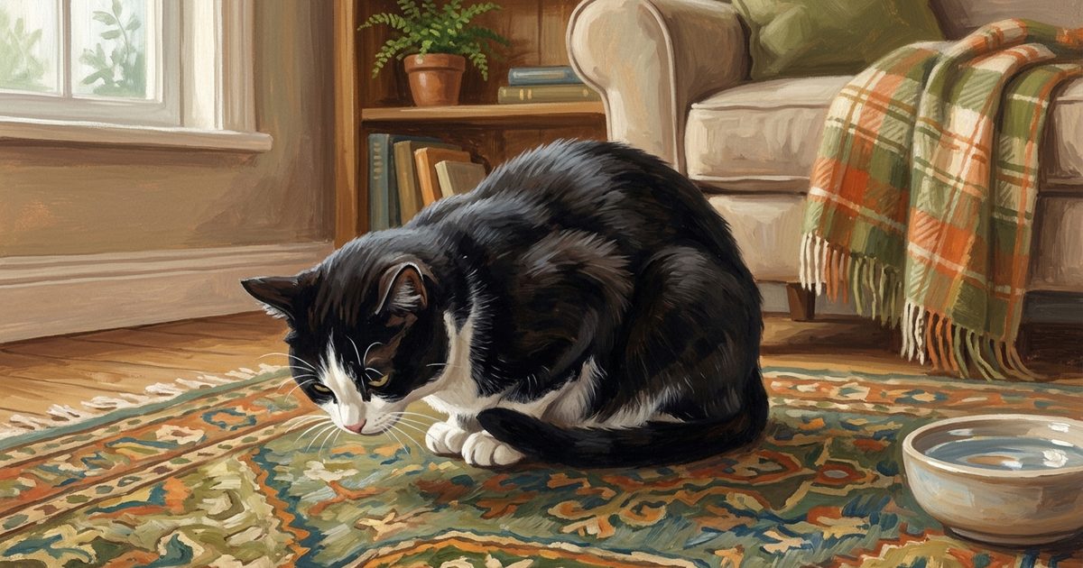 A tuxedo cat hunched in an uncomfortable crouching position on a rug, painterly warm scene illustrating a common lower-risk cause of white foam vomiting