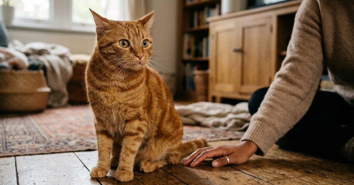 An alert orange tabby cat being watched over by a caring owner after a vomiting episode
