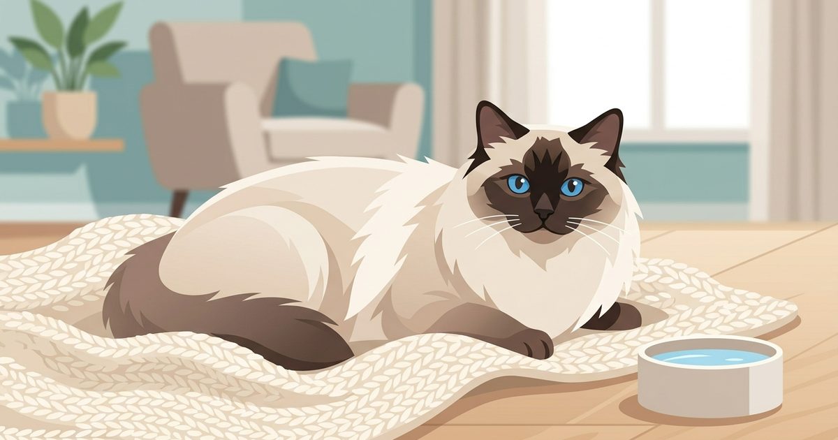A calm ragdoll cat resting with a water bowl, flat reassuring vector illustration of home care