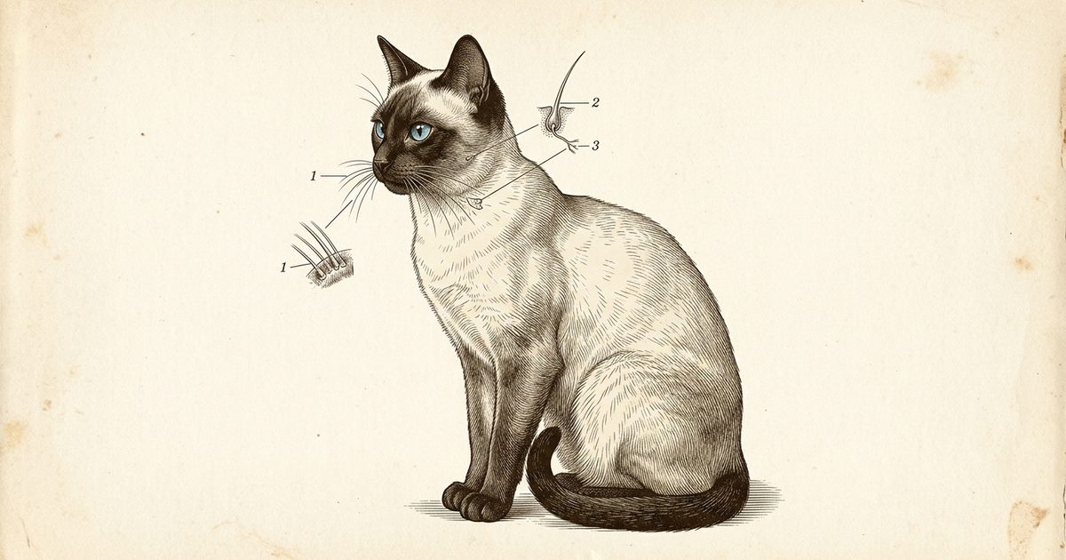 A Siamese cat rendered as a vintage encyclopedia anatomical plate with engraved callout markers labeling the vibrissae, follicle, and nerve pathways, science-authoritative engraving style