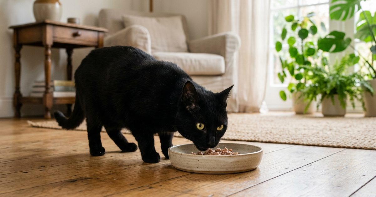 A sleek solid black cat calmly eating from a wide shallow bowl with relaxed posture, whiskers clear of the rim with no pressure, editorial lifestyle photograph