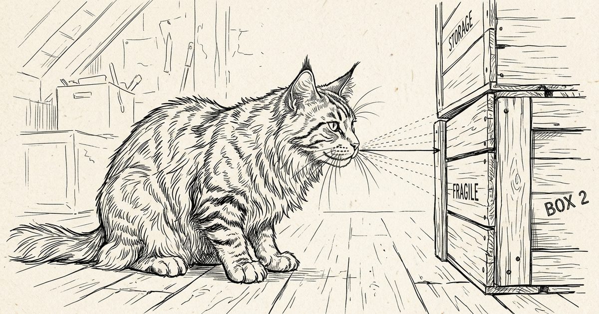 A large Maine Coon with tufted ears sizing up a narrow gap between two cardboard boxes, ink line-art sketch with whiskers extended forward as a measuring gauge, minimalist illustration