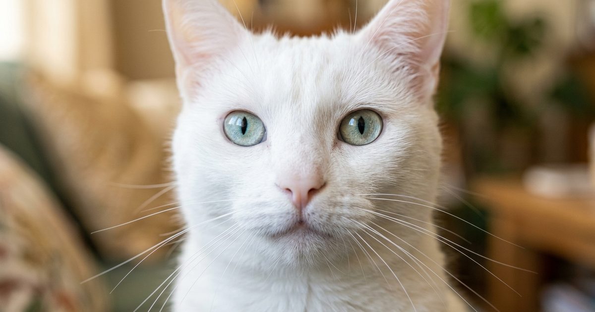 Macro close-up of a white cat's long straight muzzle whiskers catching soft light, alert curious expression against pale fur