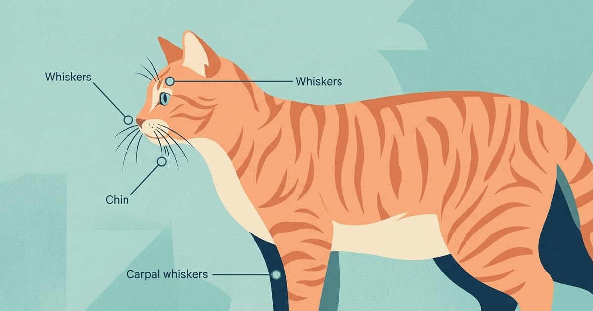 A clean side-profile vector diagram of an orange tabby cat with labeled callouts marking whisker locations on the muzzle, above the eyes, chin, and the carpal area of the foreleg