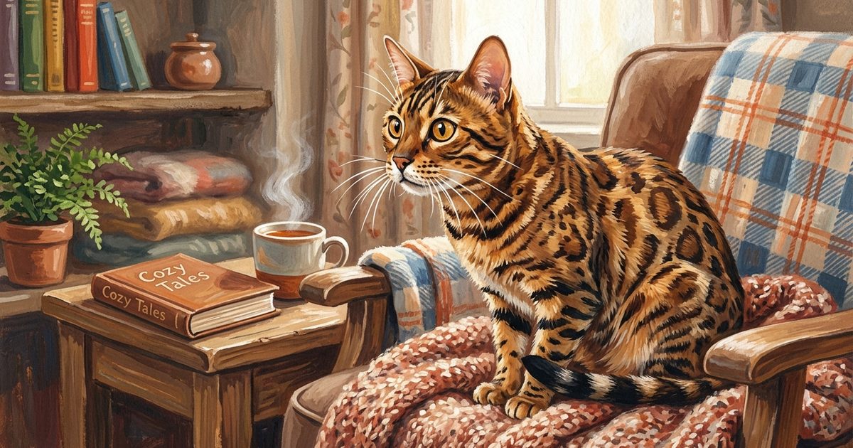 A spotted Bengal cat with whiskers pushed forward and fanned out, alert and intensely curious, watching something with focused attention, cozy gouache painting style