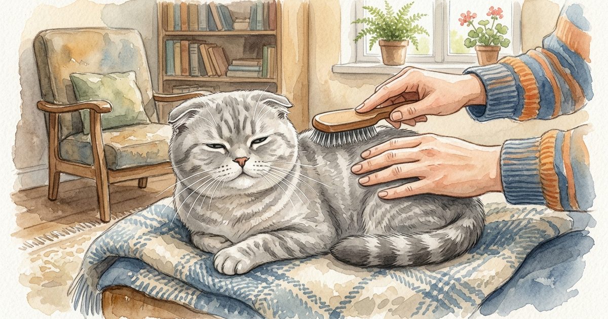 A calm Scottish Fold with distinctive folded ears and natural whiskers on full display during gentle grooming, soft watercolor children's-storybook illustration