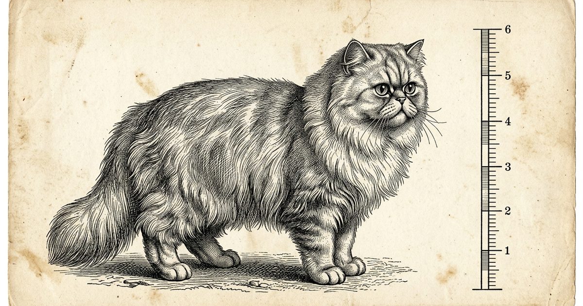 A long-haired silver Persian cat with a round flat face and prominent cheek ruffs rendered in a vintage encyclopedia botanical-plate engraving style, beside a numbered measuring ruler with evenly spaced tick marks
