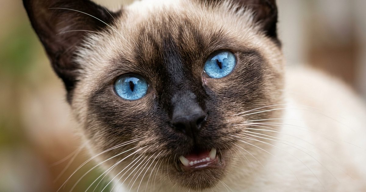 A cream-colored Siamese cat with dark brown points and bright blue almond eyes gazing at the camera, mouth slightly open showing teeth