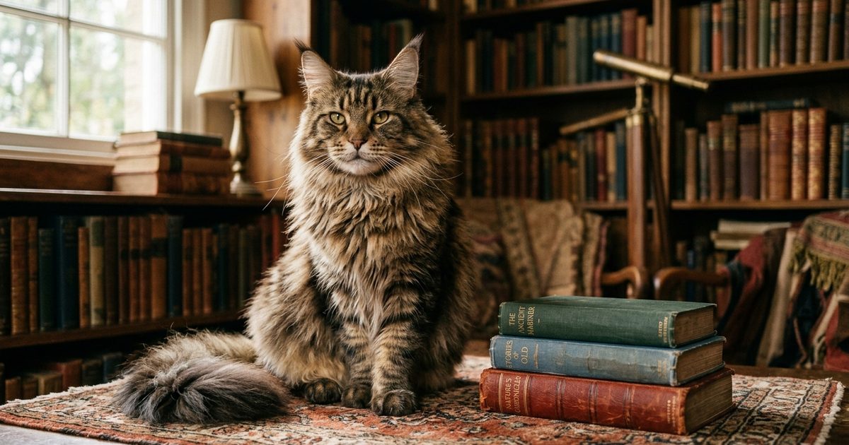 A large Maine Coon cat with long fluffy brown tabby fur and tufted ears sitting calmly beside a stack of vintage hardcover books