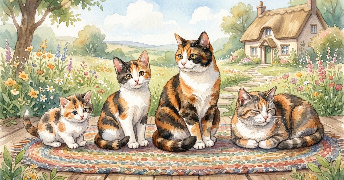 A soft watercolor row of four calico cats at different life stages from a tiny spotted kitten to a sturdy adult to a relaxed elderly cat with slightly graying fur