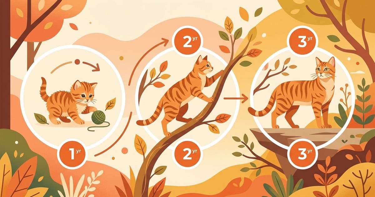 A ginger orange tabby cat with classic mackerel stripes growing through three stages from a tiny kitten to a sleek young adult, with arrows and markers indicating year one, year two, and year three