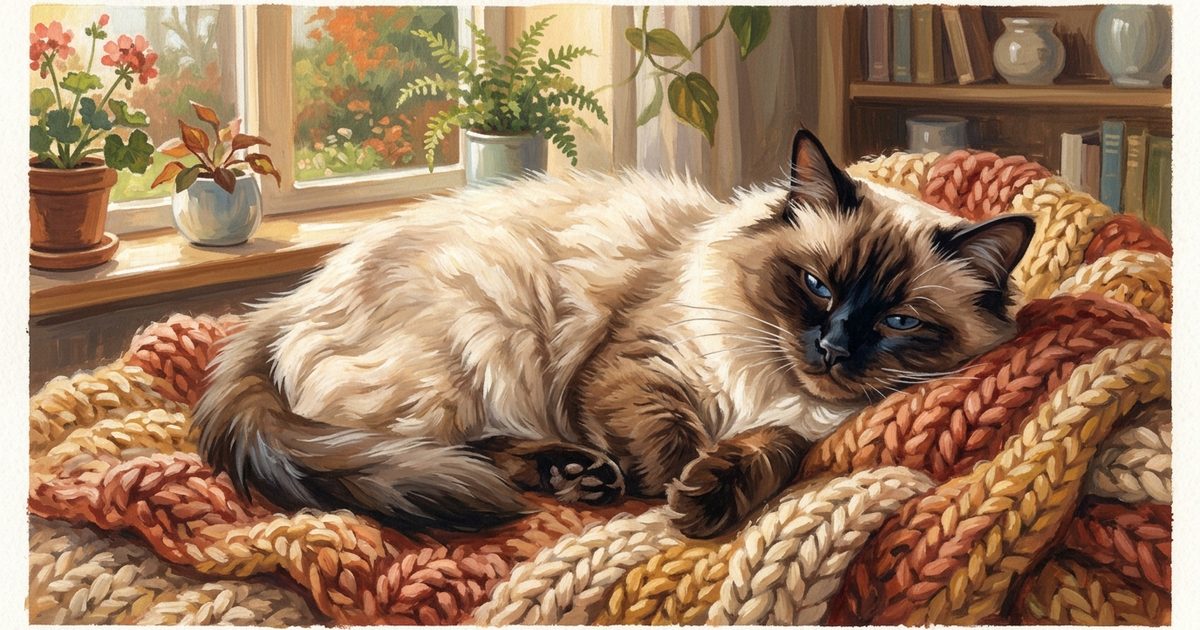 An older Ragdoll cat with long silky cream fur and dark brown points resting quietly on a thick soft knit blanket, striking blue eyes half-closed, gentle contented expression