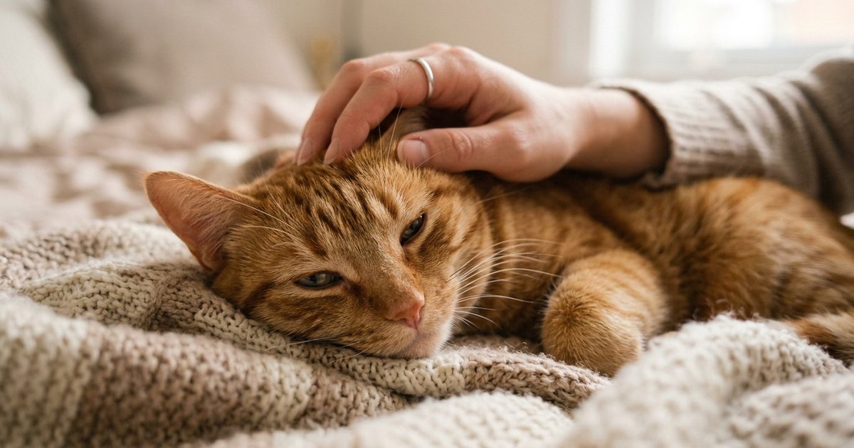 An orange tabby cat waking from a dream being gently stroked by a hand, eyes half open and softening as it calms down, warm reassuring domestic scene