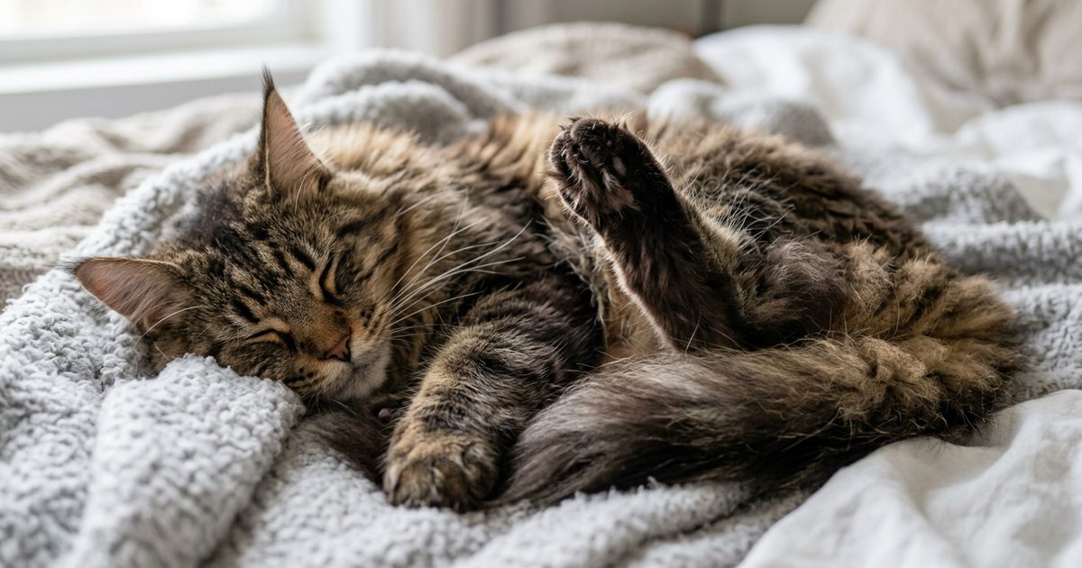 A large Maine Coon cat with brown tabby fur asleep with one paw lifted mid-twitch and whiskers fluttering in a peaceful dream