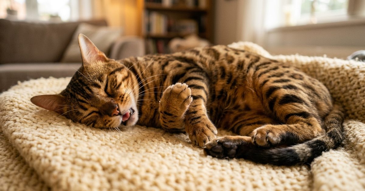 An alert Bengal cat asleep with mouth and front paws moving as if catching imaginary prey in a vivid hunting dream