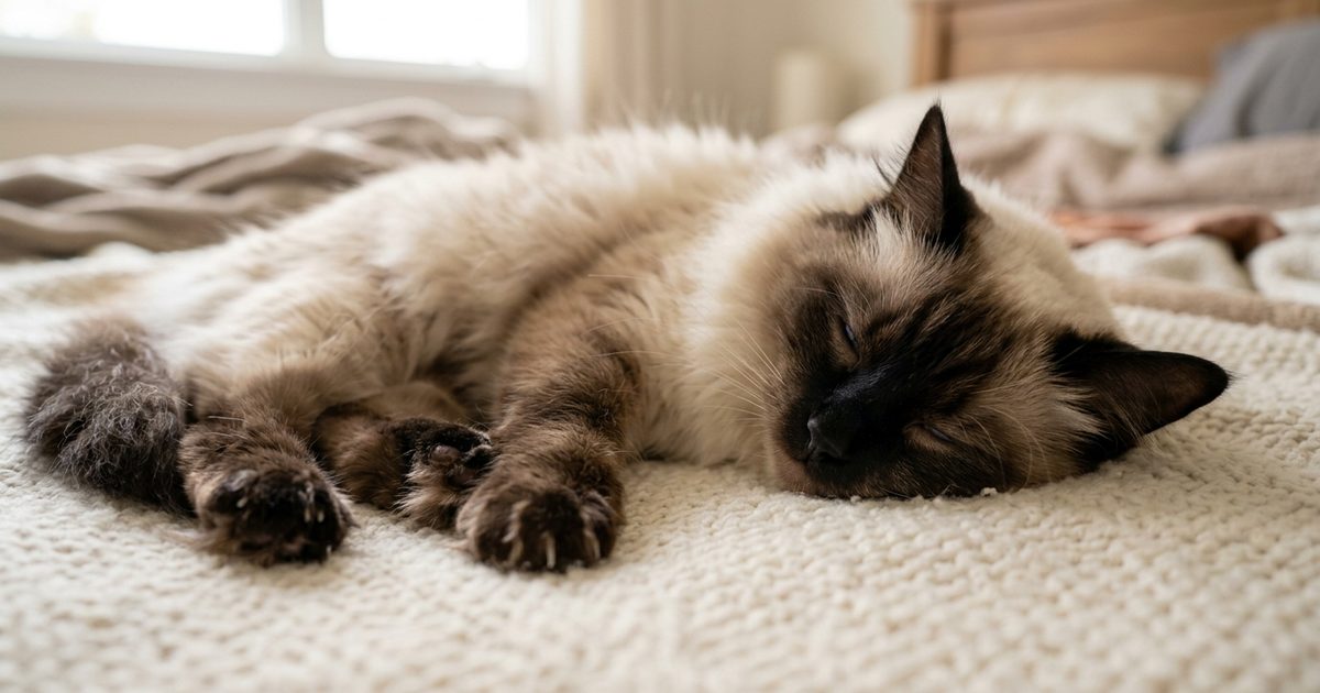 A Ragdoll cat in deep sleep with eyes moving beneath closed lids and front paws paddling softly against the blanket